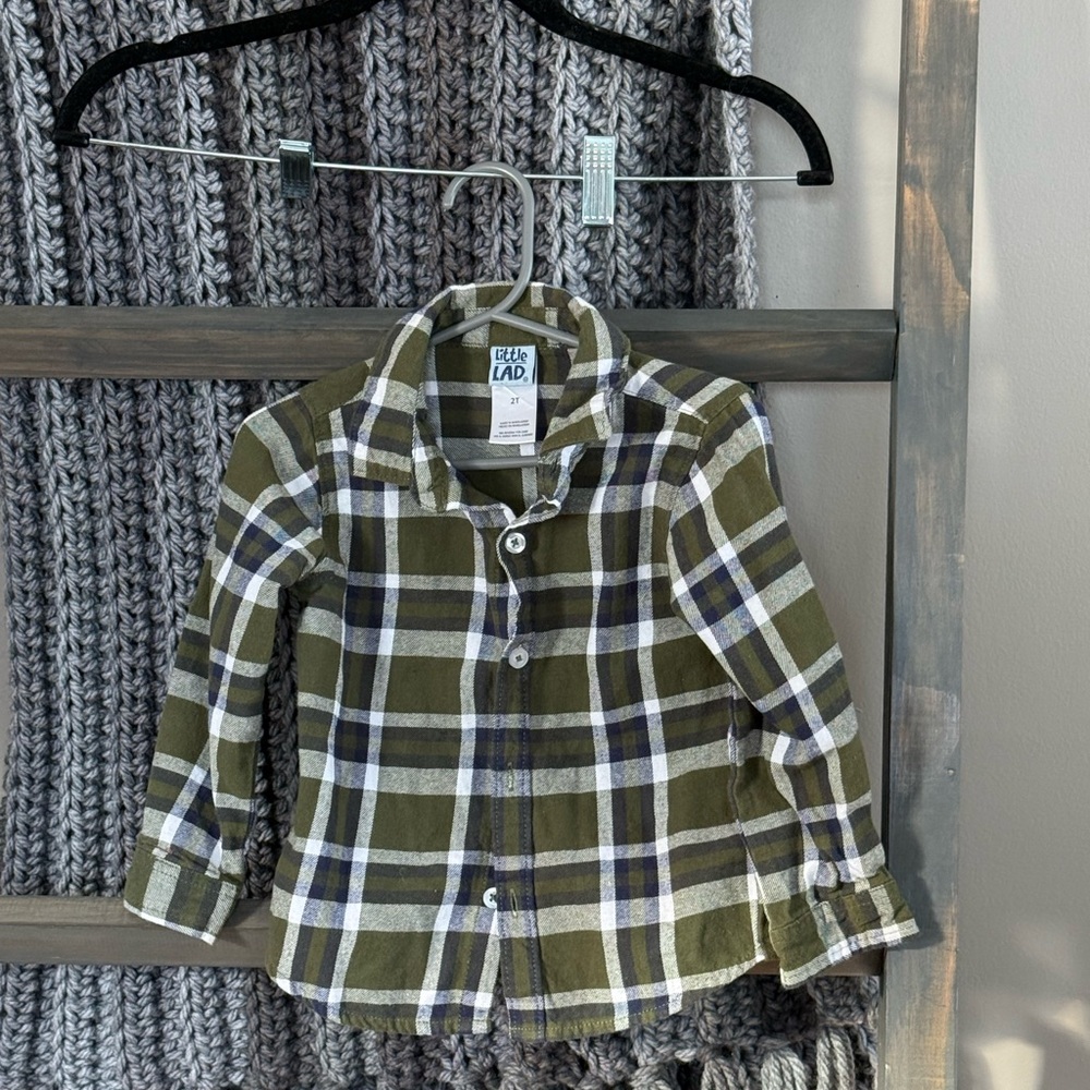 Cat & Jack Olive and White Plaid Button Down Shirt